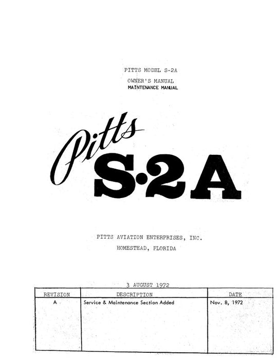 Aviat Aircraft Inc Pitts Model S-2A 1972 Owner's & Maintenance Manual (ATS2A-72-OM-C)