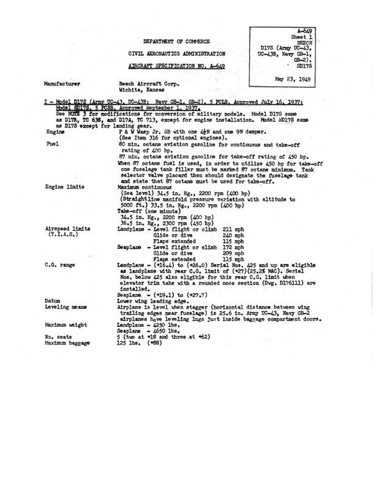 Beech Staggerwing D17S (UC-43) Aircraft Specifications (BED17S-SP-C)