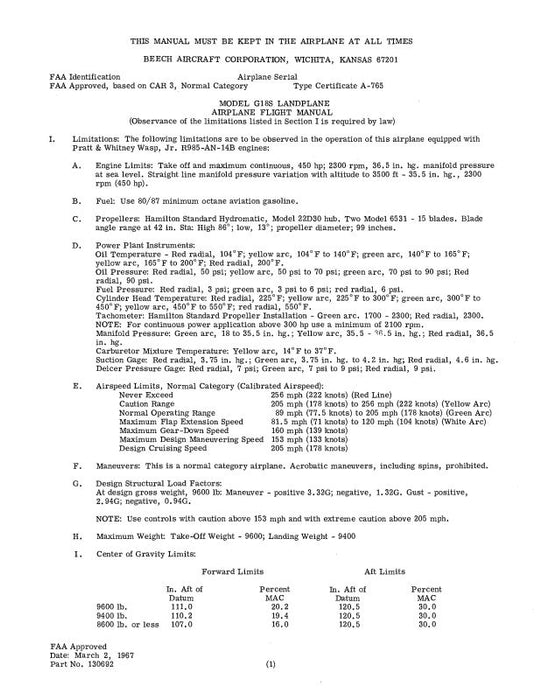 Beech G18S Series Flight Manual (BEG18S-F-C)