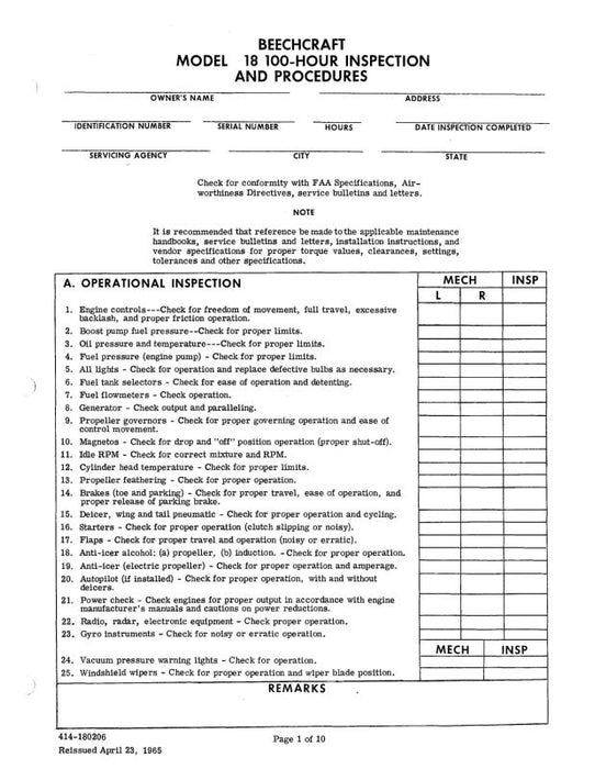 Beech 18 100-Hour Inspection Pack Inspection Pack (414-180206)