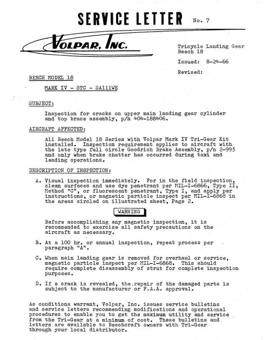 Beech Model 18 Tricycle Landing Gear Service Bulletin (BE18TRICYCLE-SB)