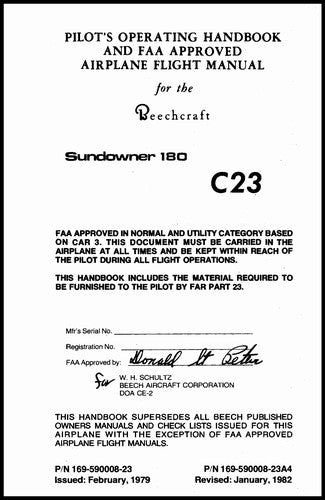 Beech C23 Sundowner 180 Pilot's Operating Handbook (169-590008-23A)