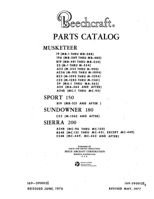 Beech 19, 23, 24 Series Parts Catalog (169-590012I)