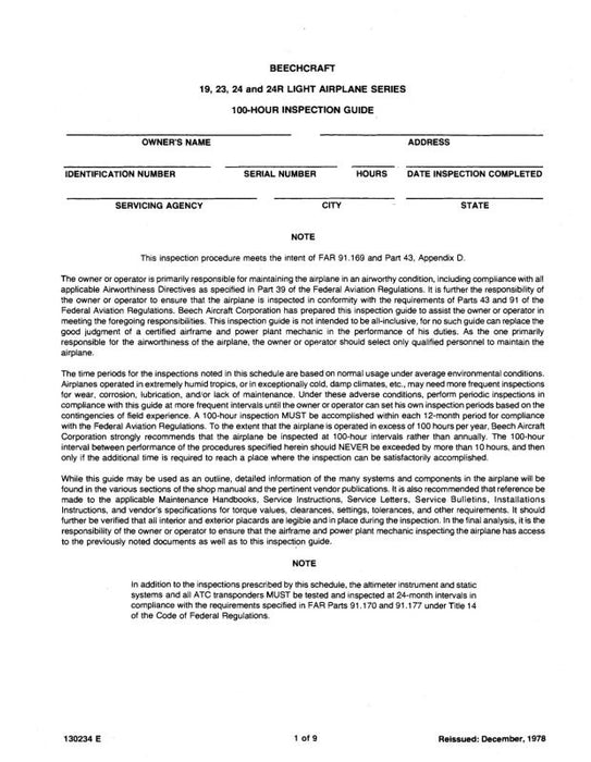 Beech 19,23,24 100 Hour Inspection Guide (130234 E)