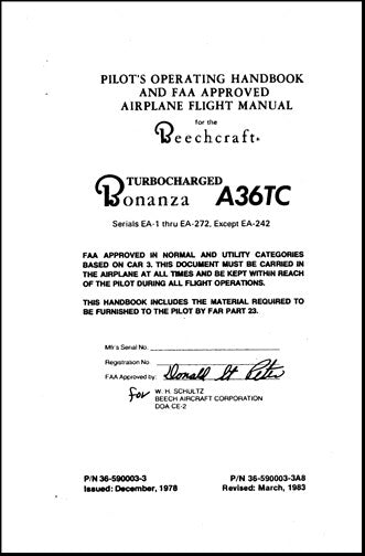 Beech A-36TC Series POH Pilots Operating Handbook (36-590003-3)