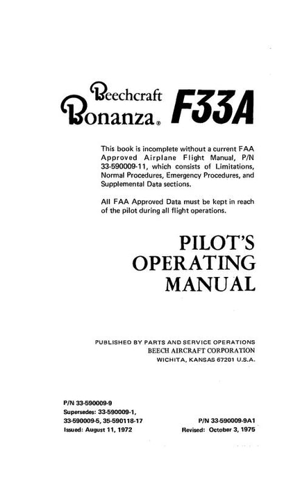 Beech F33A Bonanza Pilot's Operating Handbook (33-590009-9A1)