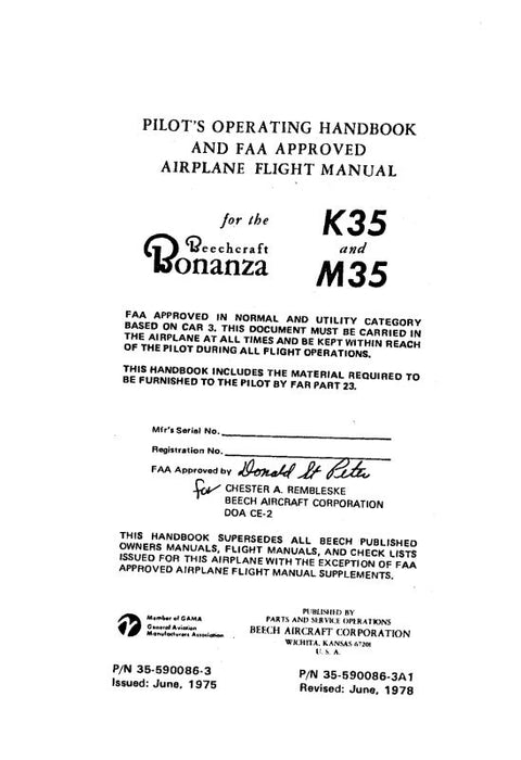 Beech K35 & M35 Pilot's Operating Handbook & Flight (35-590086-3A1)