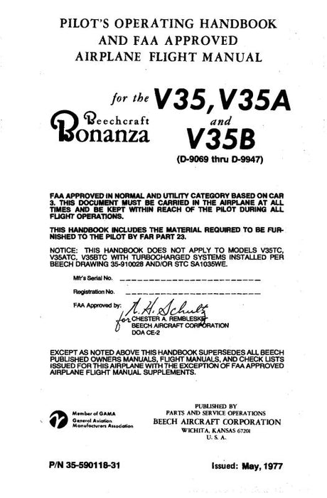 Beech V35,V35A,V35B Bonanza Pilot's Operating Handbook (35-590118-31B)