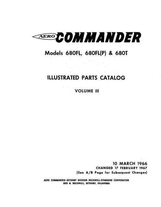 Aero Commander 680FL, FL(P), 680T Illustrated Parts Catalog 1971 (AC680FL,FL(P),680TPC)
