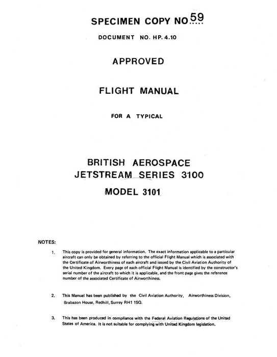 British Aerospace 3100 Series Jetstream 3101 Flight Manual (H.P.4.10) — Essco Aircraft