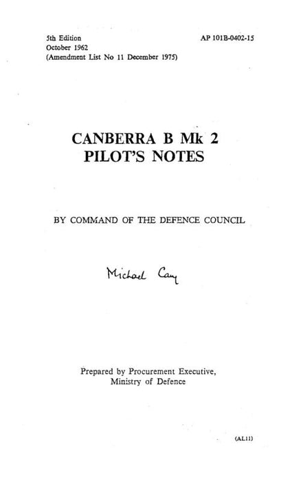 British Canberra B.Mk.2 Pilot's Notes 1962 (AP 101B-0402-15)
