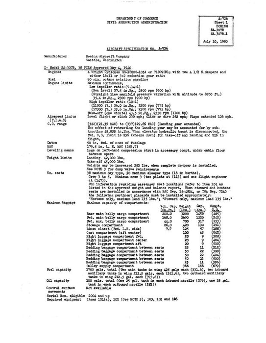 Boeing SA-307B, 307B-S Aircraft Specifications 1950 NO. A-726 (A-726)