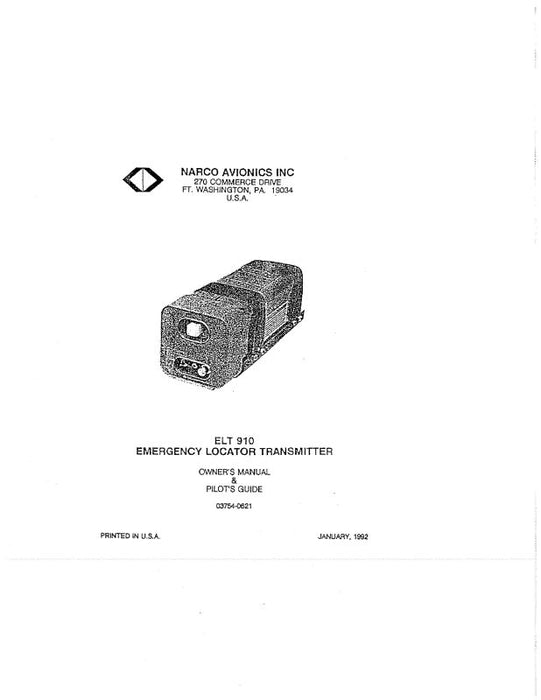 Narco ELT-910 Owner's Manual & Pilot's Guide 1992 (03754-0621)