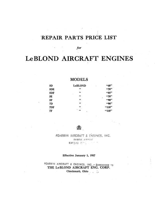 Leblond 60,70,85,70,90,110 Repair Parts Price List 1937 (LOLEBLOND-37-P-C)