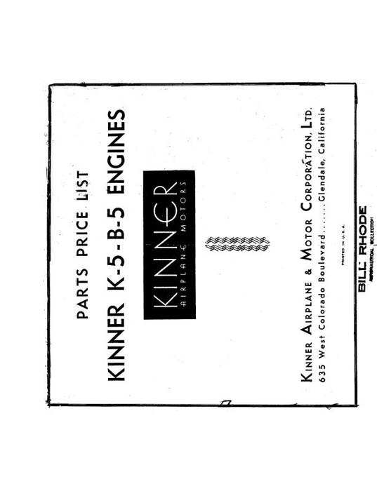 Kinner K-5, B-5 Engine Illustrated Parts Price List (KNK5B5-P-C)