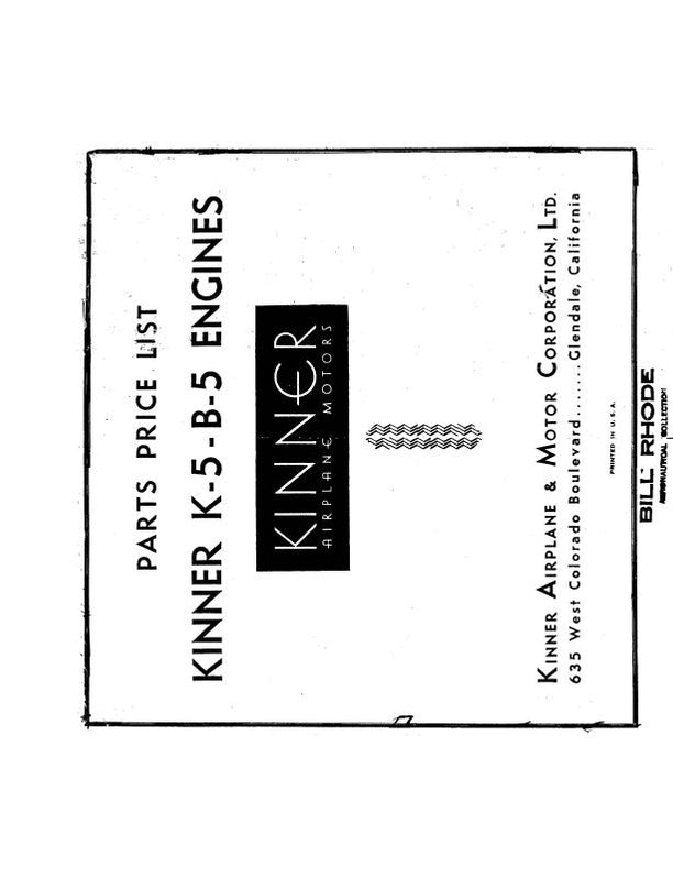Kinner K-5, B-5 Engine Illustrated Parts Price List (KNK5B5-P-C ...
