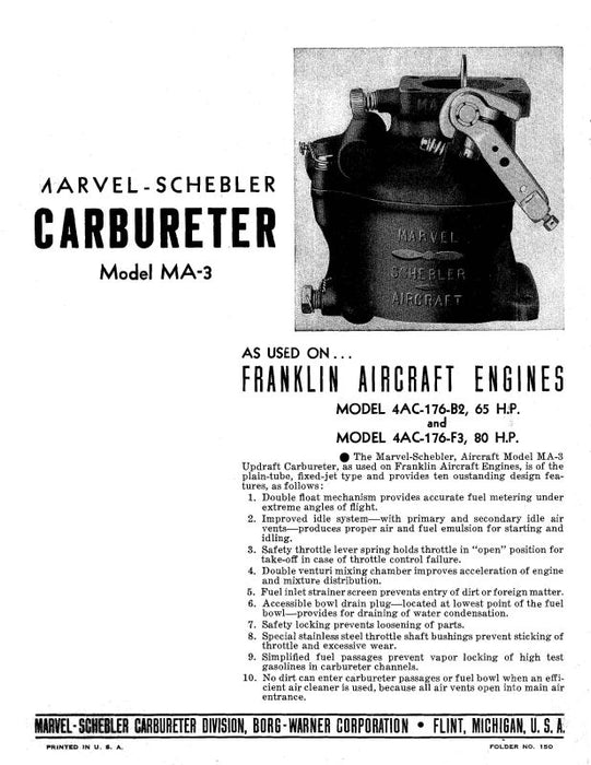 MarvelSchebler MA3 Operation, Maintenance, Parts List (MSMA3OPC