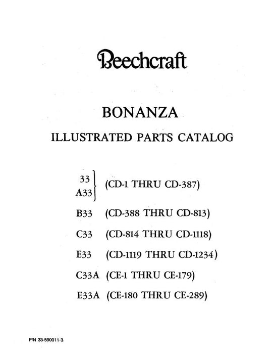 Beech 33 thru E33 Bonanza Illustrated Parts Catalog (33-590011-3)