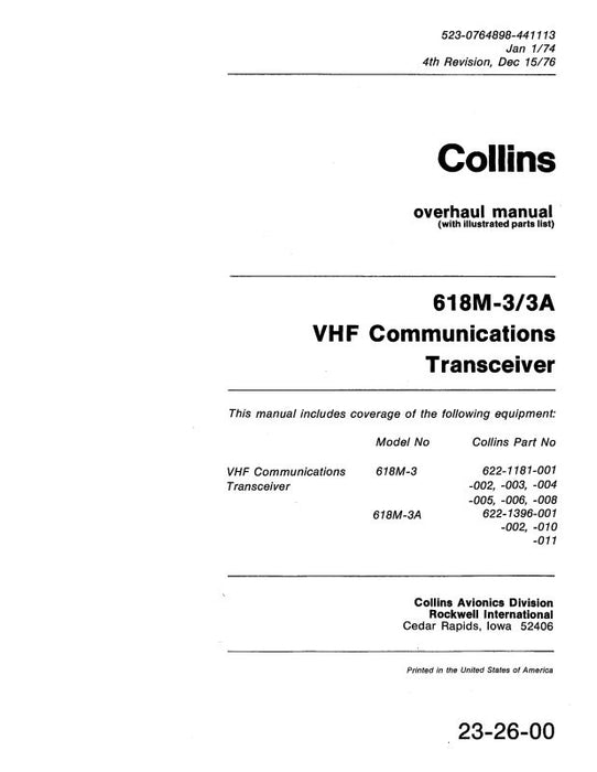 Collins 618M-3-3A VHF Comm 1976 Overhaul with Illustrated Parts (523-0764898-441113)