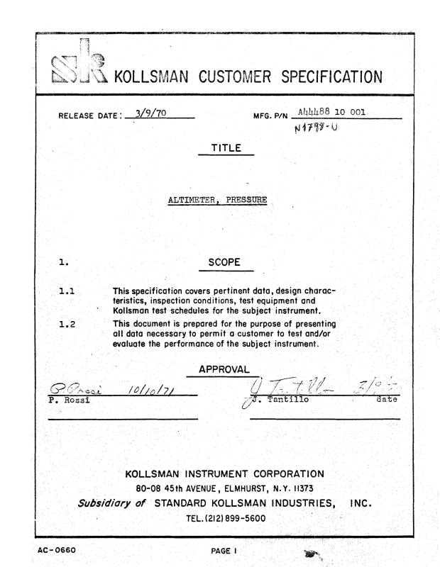 Kollsman Altimeter, Pressure Specifications 1970 (AC0660) — Essco Aircraft