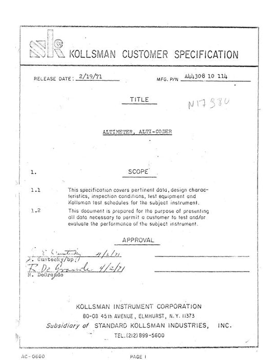 Kollsman Altimeter, Alti-Coder Specifications 1971 (AC-0660)