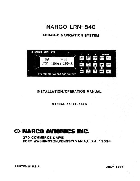 Narco LRN-840 Loran-C Nav. System Installation-Operation Manual 1986 (03122-0620)