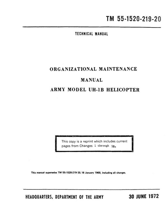 Bell Helicopter Army UH-1B Organizational Maintenance 1972 (55-1520-219-20)