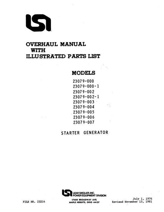 Lear Seigler 23079-000 thru -007 Overhaul Manual with Illustrated Parts List (23214)