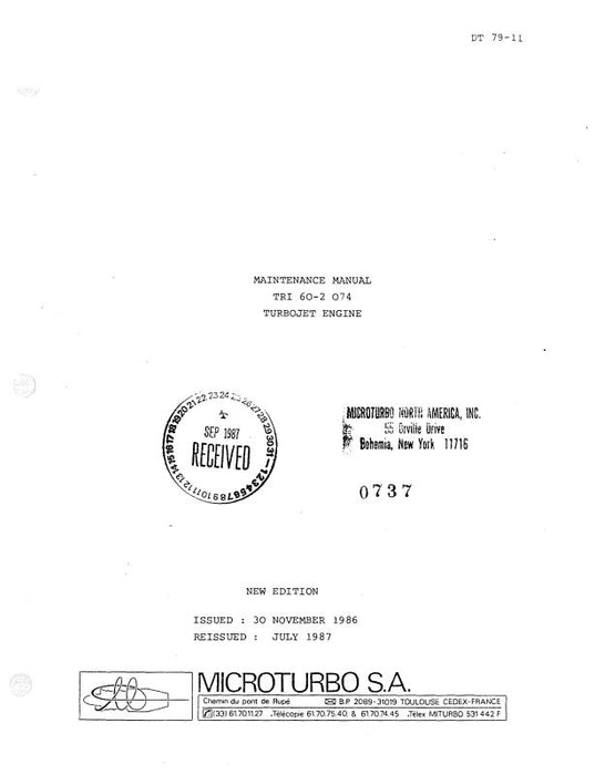 Microturbo TRI 60-2 074 Turbojet Engine Maintenance Manual 1986 (DT 79-11)