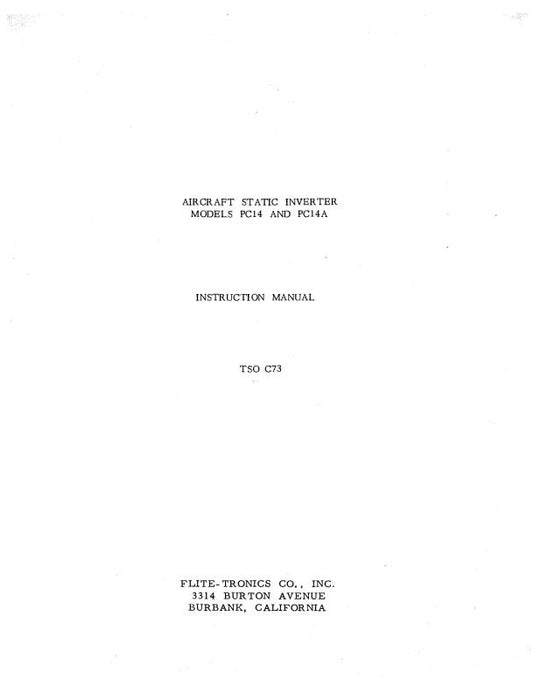 Flite-Tronics, Inc. PC14, PC14A Static Inverter Instruction Manual  1965 (TSO C73)