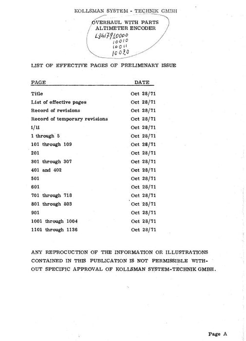 Kollsman Altimeter Encoder Overhaul Manual With Parts 1971