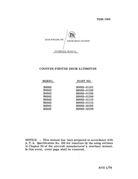 Lear Seigler Counter Pointer Drum Altimeter Overhaul Manual 1976 (TDM 1904)