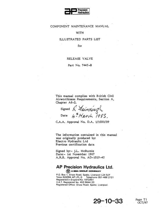 AP Precision Hydraulics Release Valve Maintenance With Parts 1987 (29-10-33)