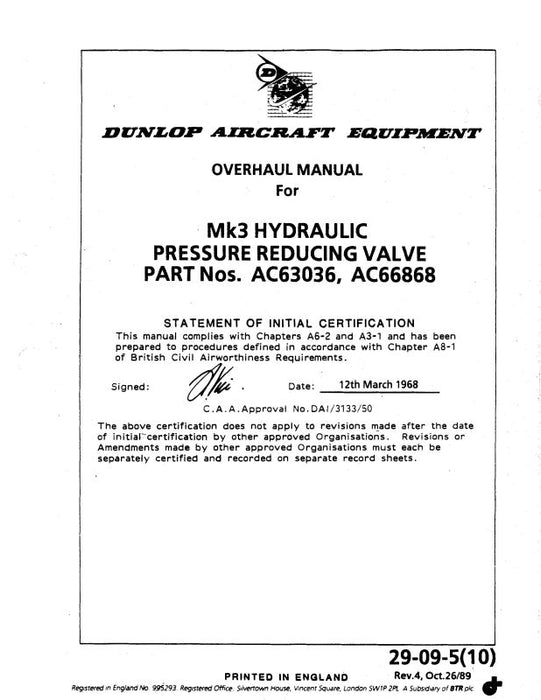 Dunlap Mk3 Hydraulic Pressure Valve Overhaul Manual 1968 (29-09-5)