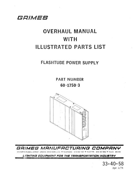 Grimes Flashtube Power Supply 1974 Overhaul Manual With Illustrated Parts (33-40-58)