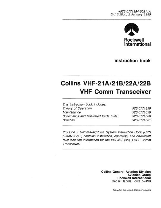 Collins VHF-21A-21B-22A-22B VHF Comm Transceiver Instruction Book 1985 (523-0771854-00311A)