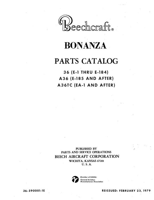 Beech 36, A36, A36TC Bonanza Parts Catalog (36-590001-1E)