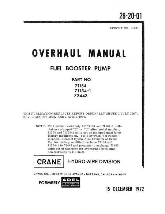 Hydro-Aire Fuel Booster Pump 1972 Overhaul Manual (8-211)