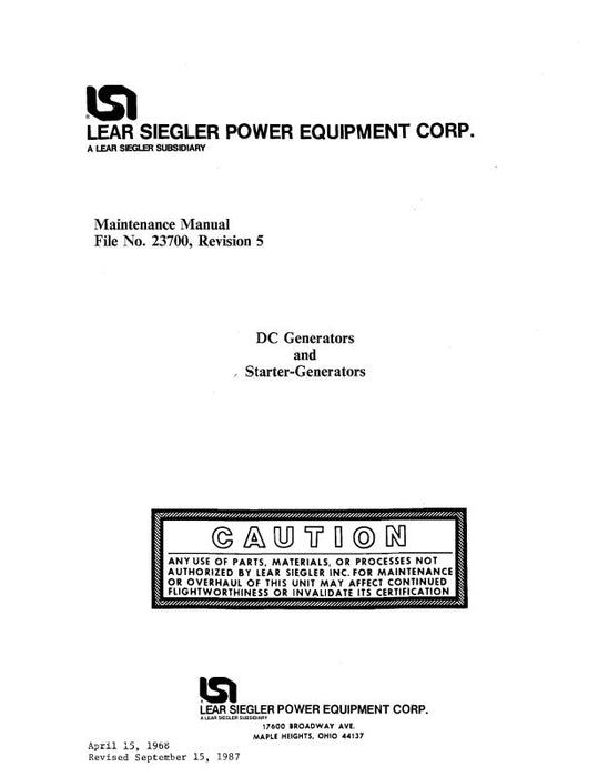 Lear Seigler DC Generators & Starter Generators Maintenance Manual 1968 (23700)