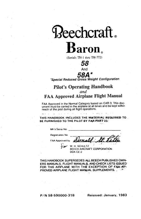 Beech 58, 58A Baron Pilot's Operating Handbook (58-590000-31B)
