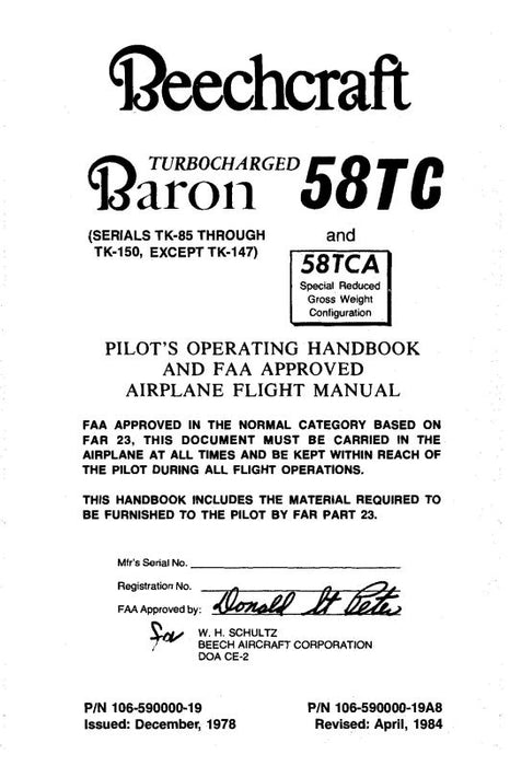 Beech 58TC & 58TCA Pilot's Operating Handbook (106-590000-19)