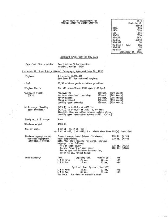 Beech Travel Air 95 Series Aircraft  Specifications (BE95-SPEC-C)