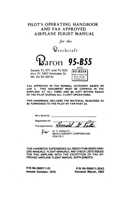Beech Baron 95-B55 Pilot's Operating Handbook (96590011-25)