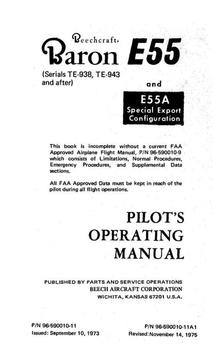 Beech E55 POH Pilot's Operating Handbook (96-590010-11A1)