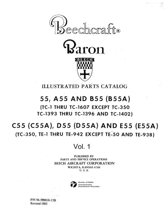 Beech 55,A55,B55,C55,D55,E55 Baron Illustrated Parts Catalog (96-590010-13)