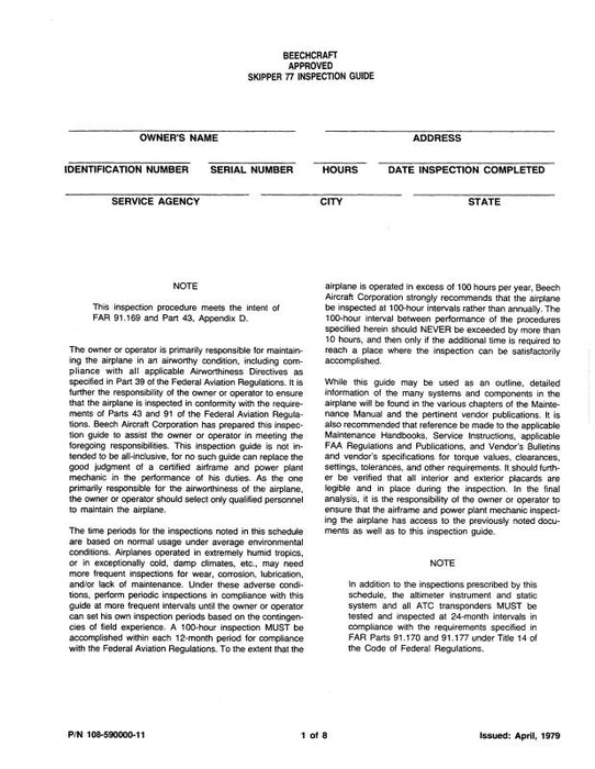 Beech 77 Inspection Guide Pack Inspection Guide Pack (108-590000-11 ...