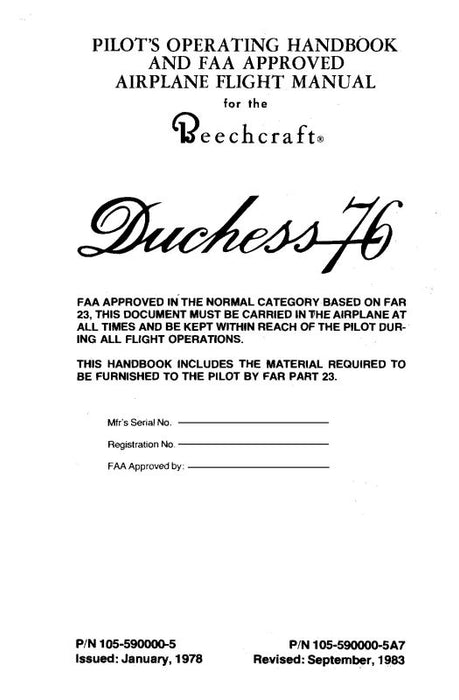 Beech Duchess 76 Pilot's Operating Handbook (105-590000-5)