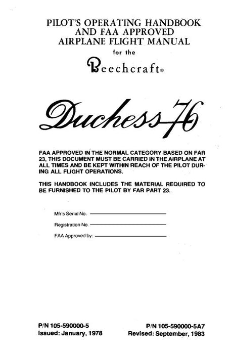 Beech Duchess 76 Pilot's Operating Handbook (105-590000-5)