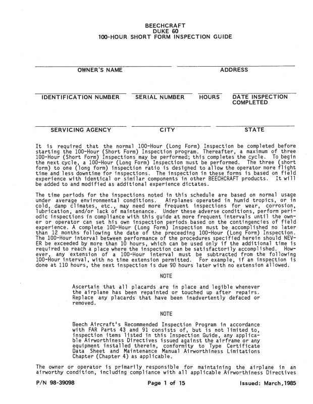 Beech Duke 60 Series Inspection Guide (98-39098) — Essco Aircraft