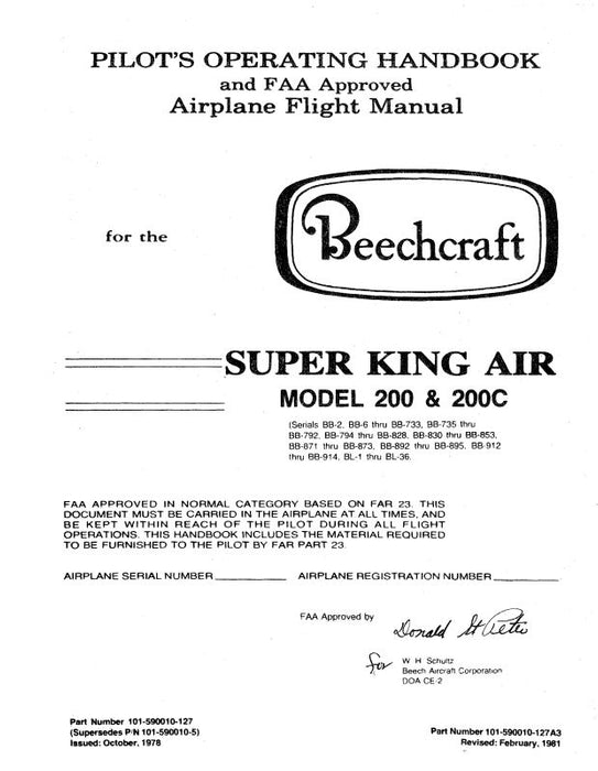 Beech King Air 200 Series Pilot's Operating Handbook & Flight Manual (101-590010-127)